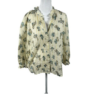 LOFT Yellow White Floral Blouse Top Long Sleeve Cotton Small Business Casual
